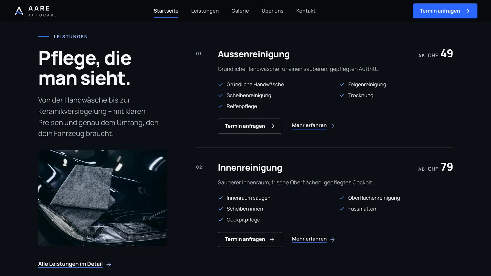 Leistungsübersicht mit Beschreibung, Inhalten und «ab»-Preisen